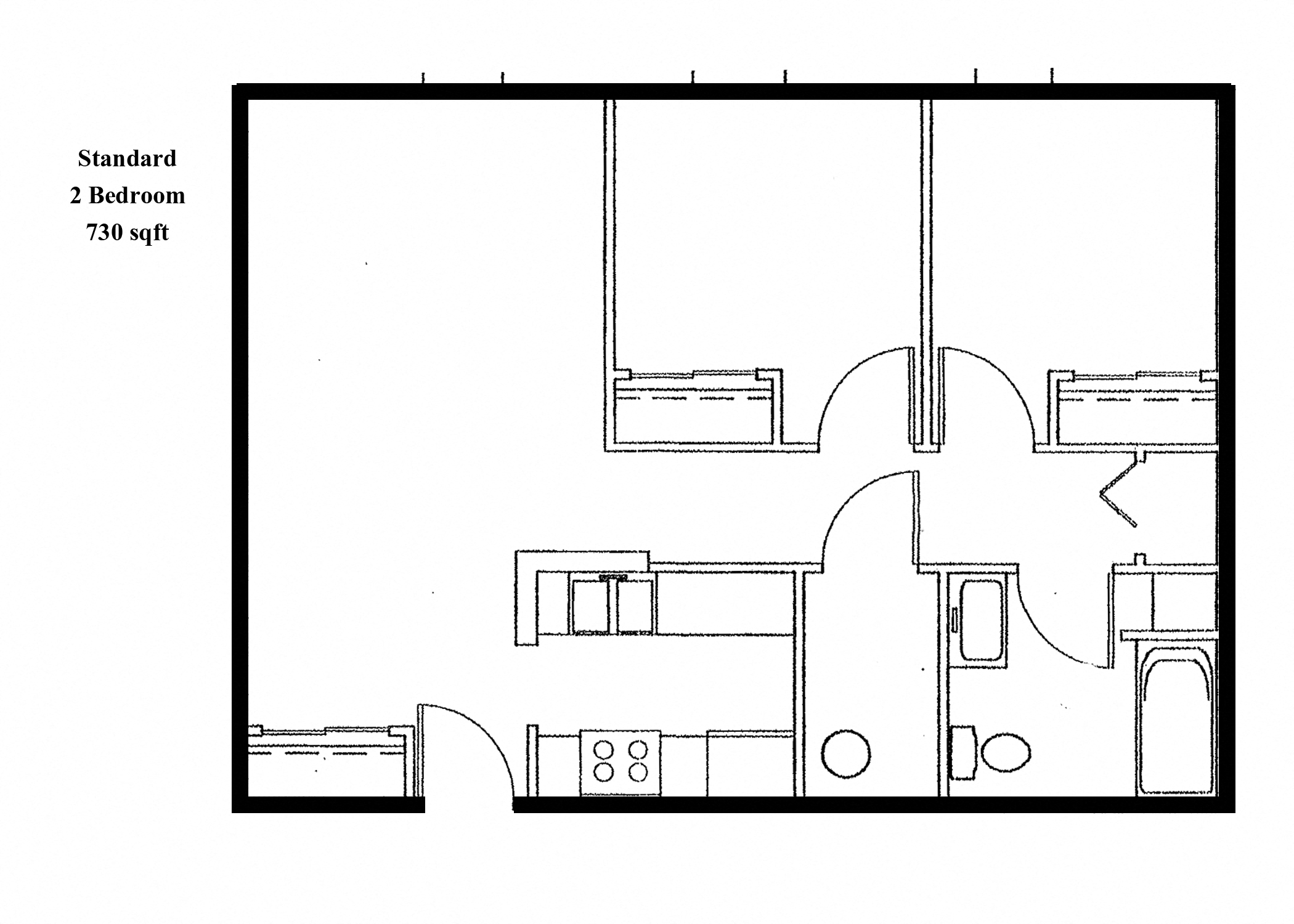 Floor plan for 2 beds, 1 bath, 726 sqft